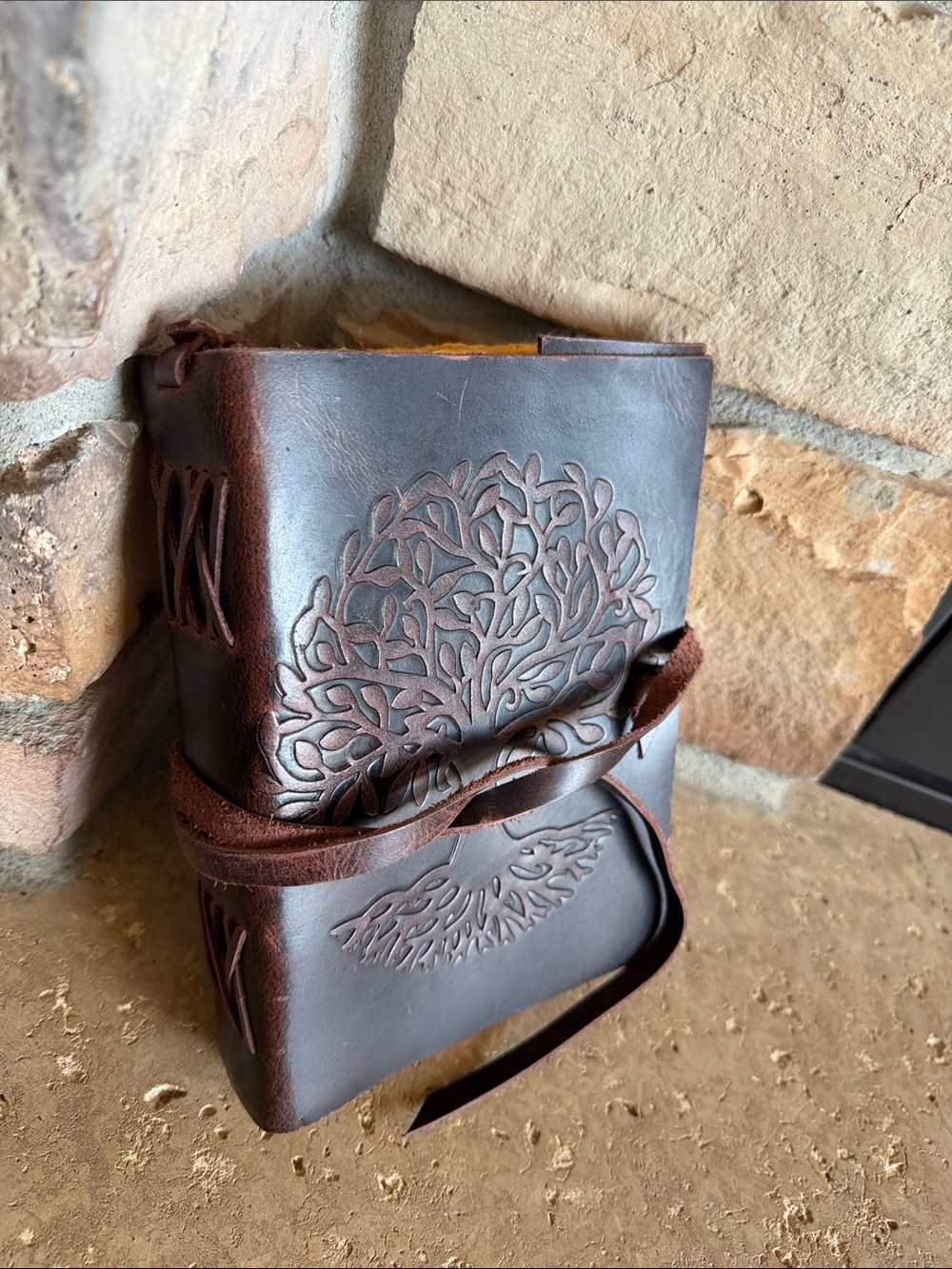 Handcrafted Leather Journal with Embossed Tree Motif — Dark Brown Vintage